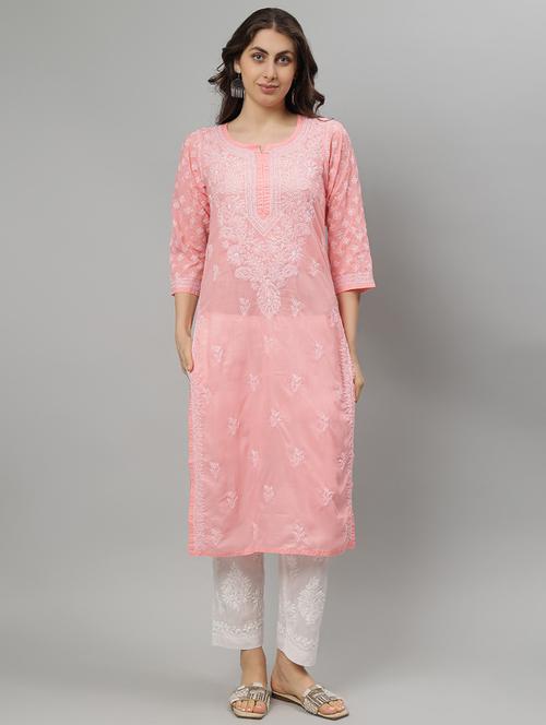 women three quarter sleeve straight chikankari kurta - 21750164 - Standard Image - 0