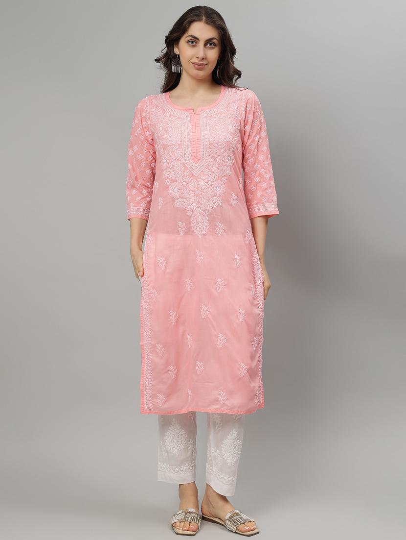 women three quarter sleeve straight chikankari kurta - 21750164 - Zoom Image - 0