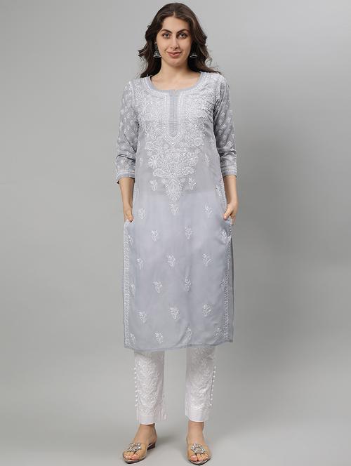 women three quarter sleeve straight chikankari kurta - 21750166 - Standard Image - 0