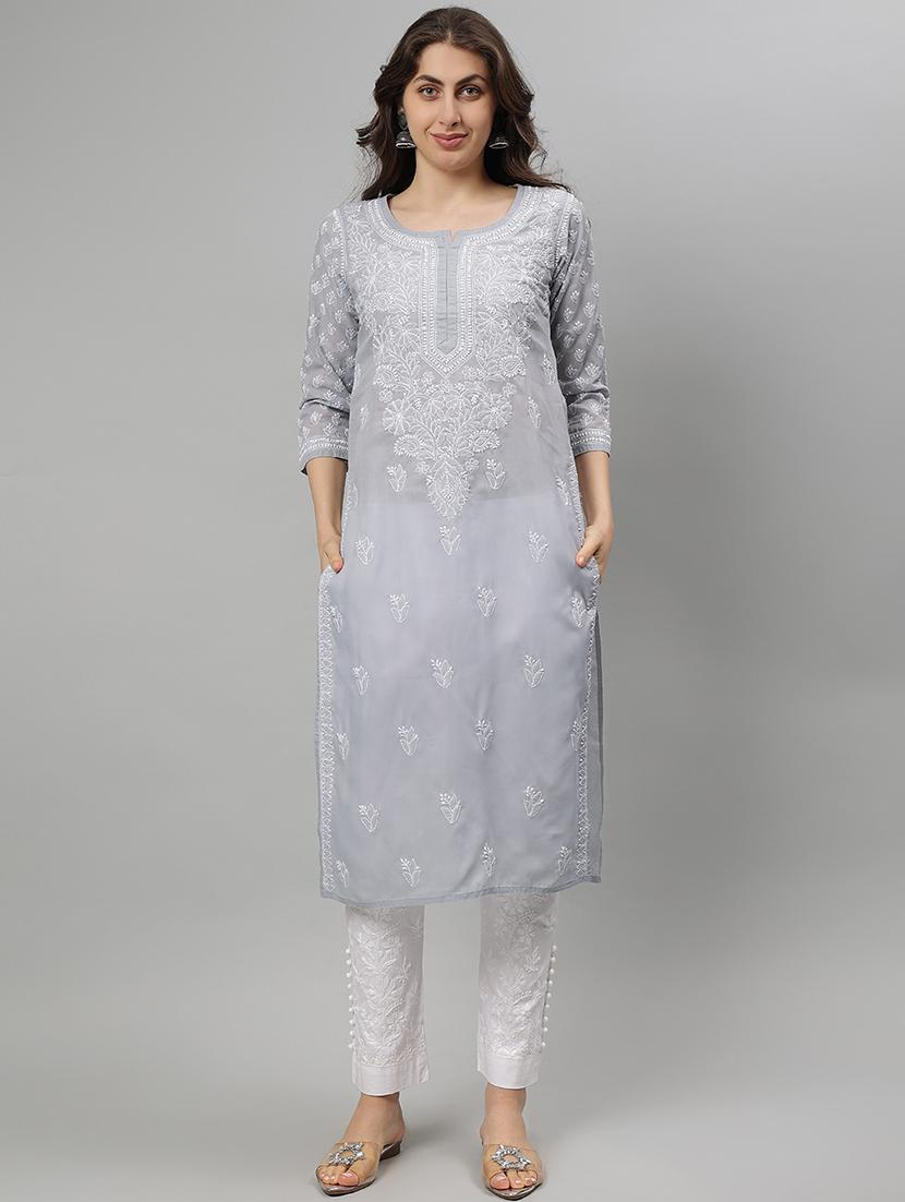 women three quarter sleeve straight chikankari kurta - 21750166 - Zoom Image - 0