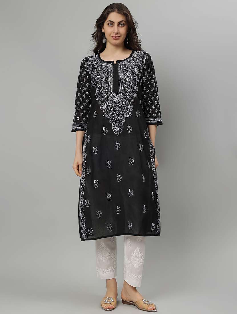 women three quarter sleeve straight chikankari kurta