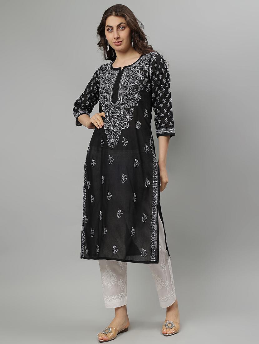 women three quarter sleeve straight chikankari kurta - 21750167 - Standard Image - 2