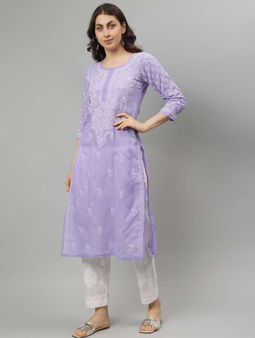 women three quarter sleeve straight chikankari kurta - 21750168 - Standard Image - 2