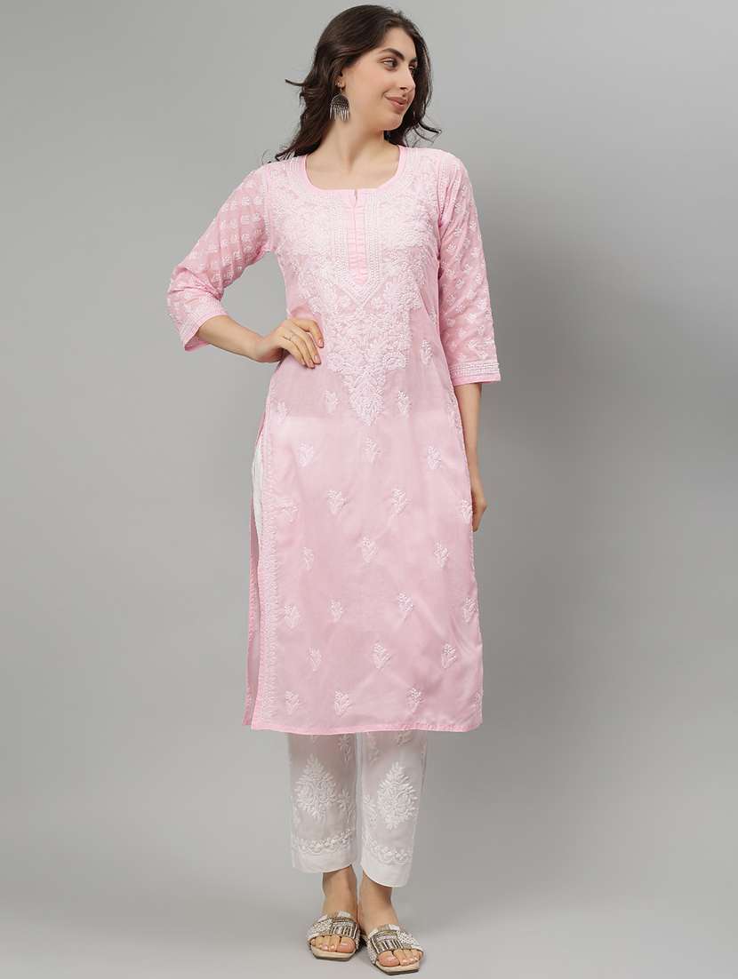 women three quarter sleeve straight chikankari kurta - 21750169 -  Zoom Image - 0