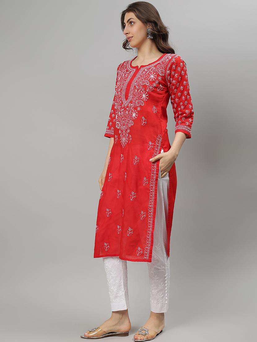 women three quarter sleeve straight chikankari kurta - 21750170 - Standard Image - 2