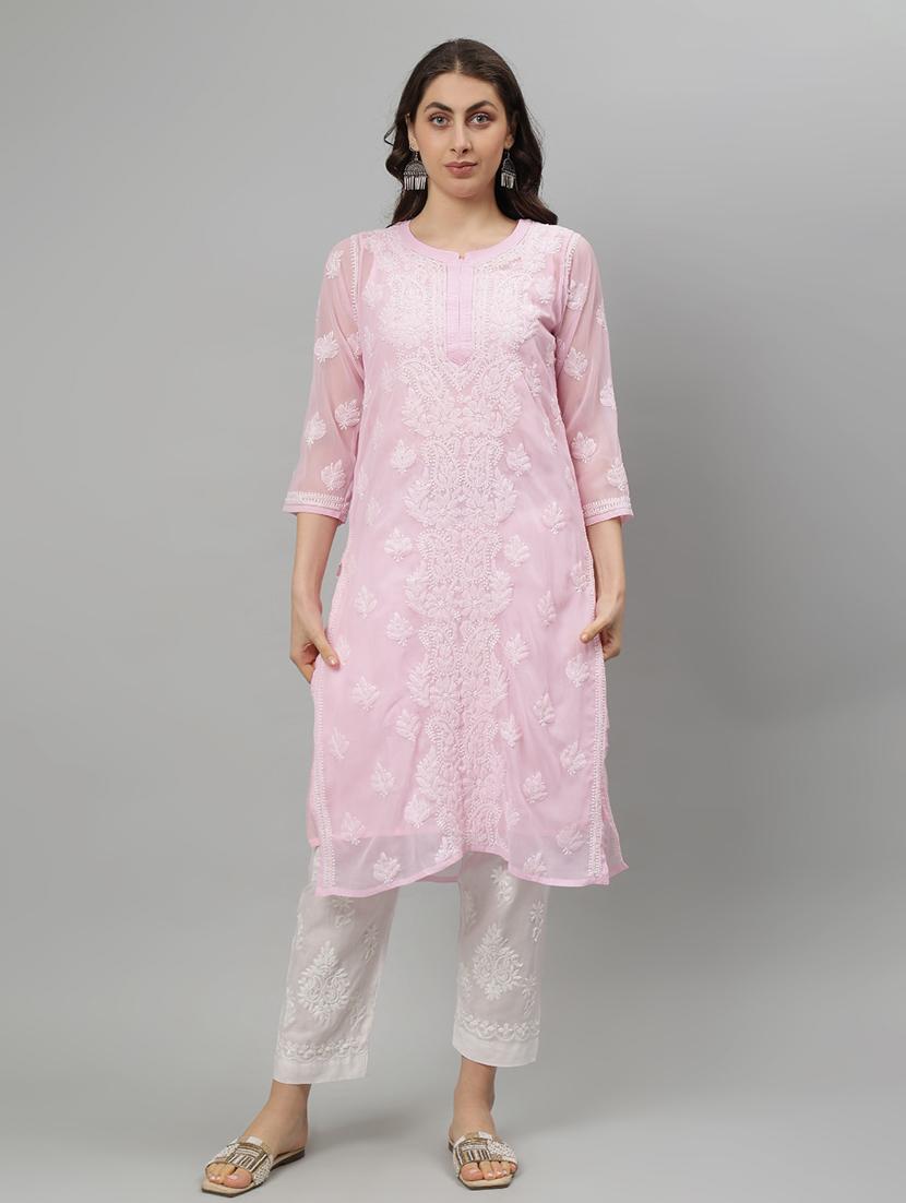 women three quarter sleeve straight chikankari kurta - 21750171 - Zoom Image - 0