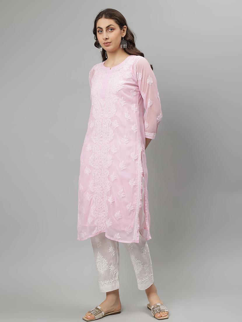 women three quarter sleeve straight chikankari kurta - 21750171 - Standard Image - 2