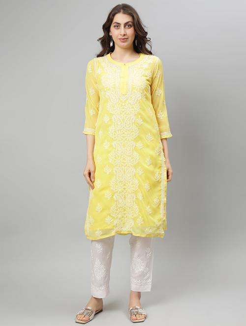 women three quarter sleeve straight chikankari kurta - 21750172 -  Standard Image - 0