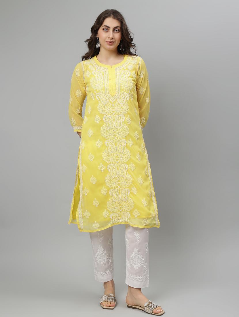 women three quarter sleeve straight chikankari kurta - 21750172 - Standard Image - 2
