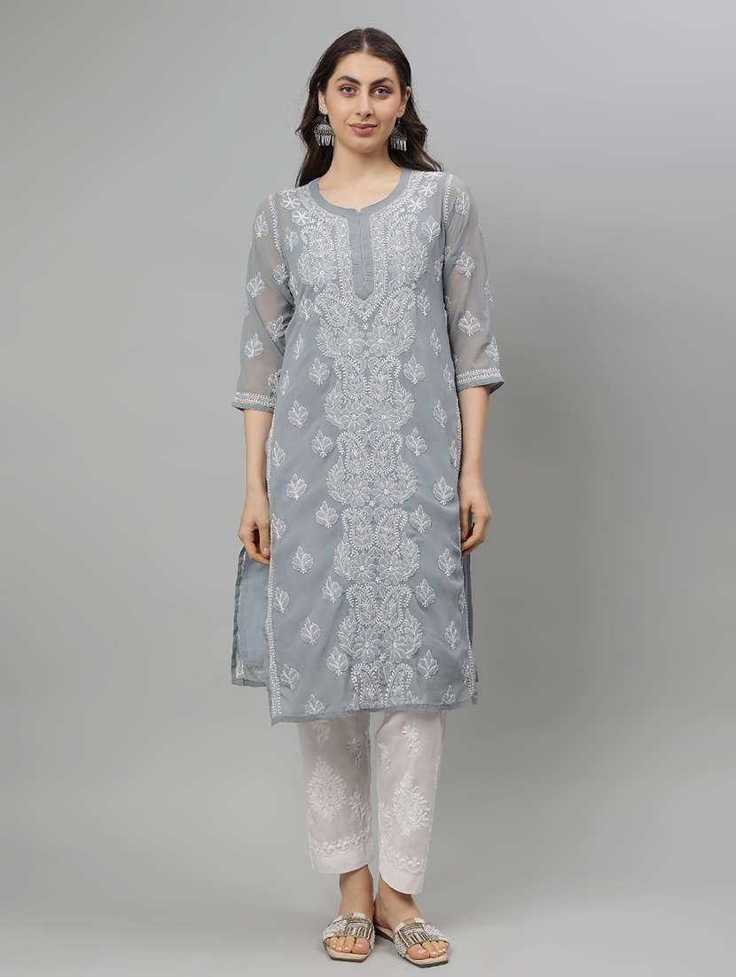 women three quarter sleeve straight chikankari kurta