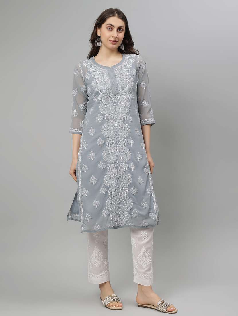 women three quarter sleeve straight chikankari kurta - 21750173 - Standard Image - 2