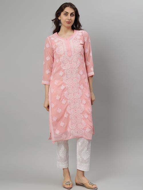 women three quarter sleeve straight chikankari kurta - 21750174 -  Standard Image - 0