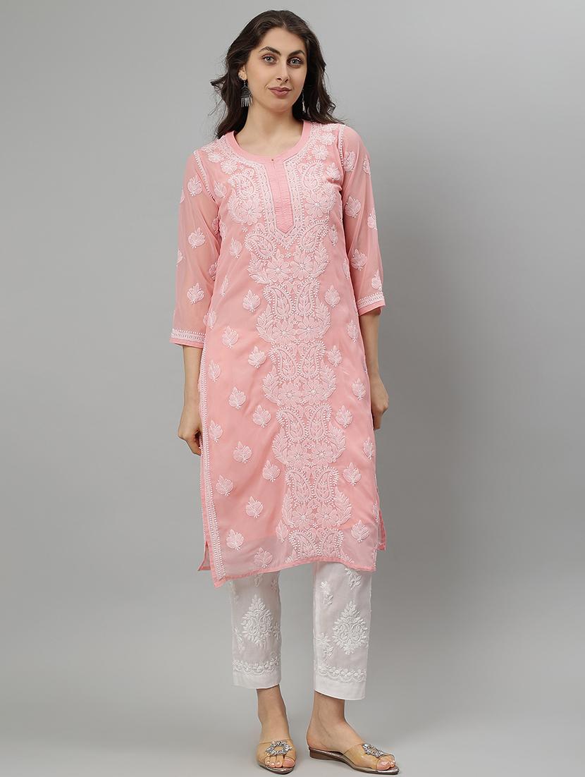 women three quarter sleeve straight chikankari kurta - 21750174 -  Zoom Image - 0