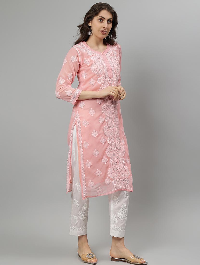 women three quarter sleeve straight chikankari kurta - 21750174 - Standard Image - 2