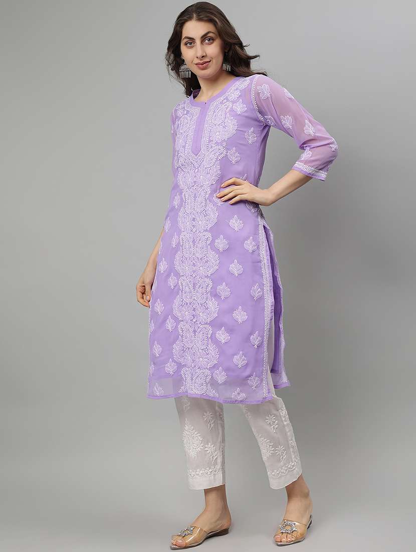 women three quarter sleeve straight chikankari kurta - 21750176 -  Standard Image - 2