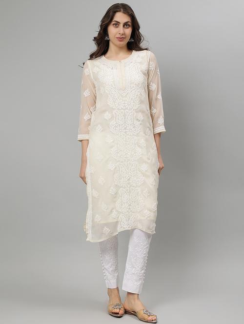 women three quarter sleeve straight chikankari kurta - 21750177 - Standard Image - 0