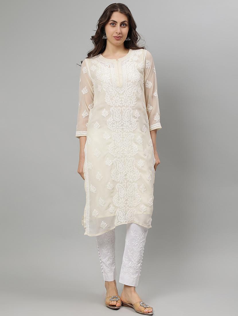 women three quarter sleeve straight chikankari kurta - 21750177 - Zoom Image - 0