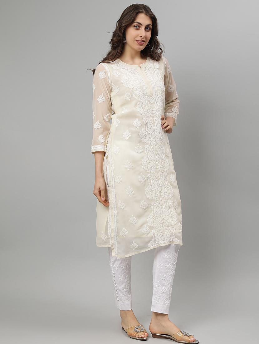 women three quarter sleeve straight chikankari kurta - 21750177 - Standard Image - 2