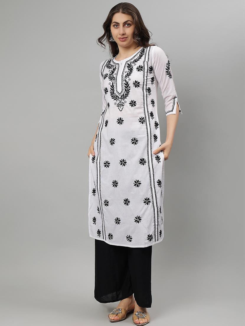 women three quarter sleeve straight chikankari kurta - 21750178 - Standard Image - 2