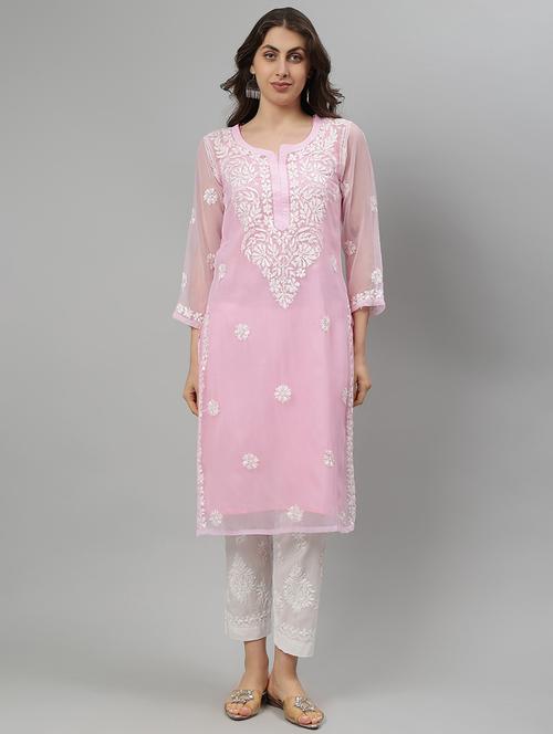 women three quarter sleeve straight chikankari kurta - 21750180 - Standard Image - 0
