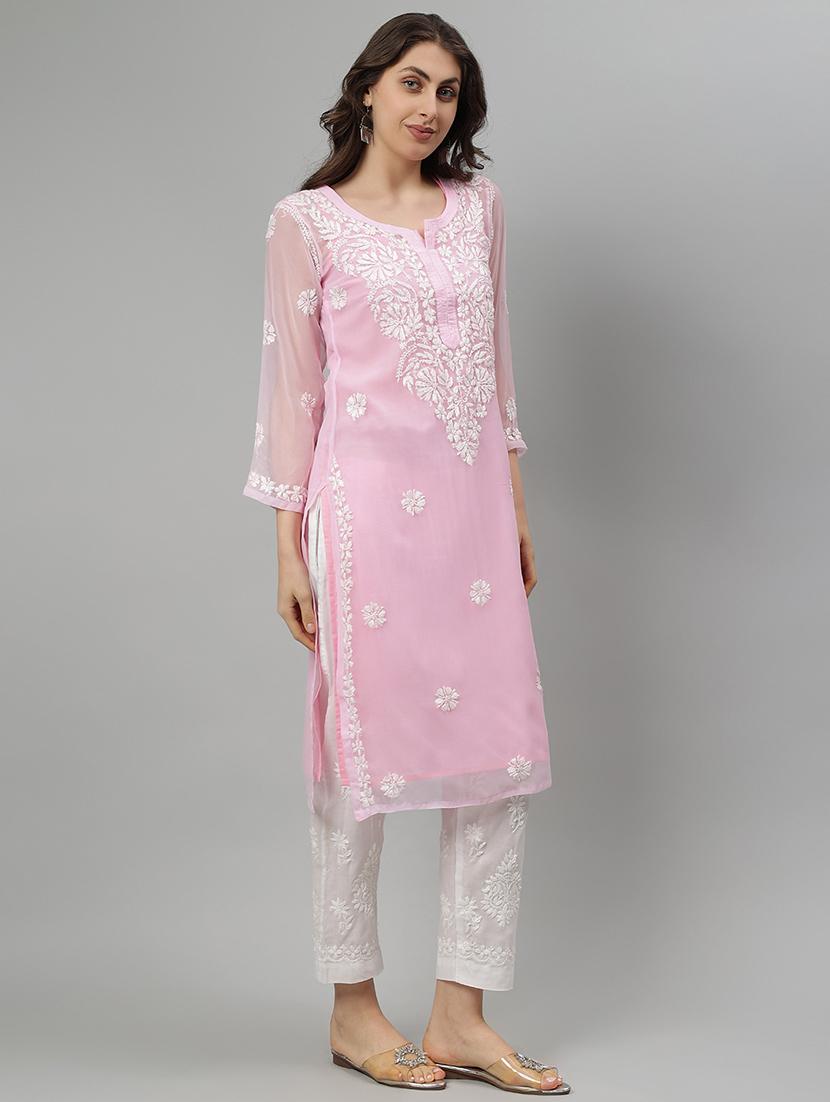 women three quarter sleeve straight chikankari kurta - 21750180 - Standard Image - 2