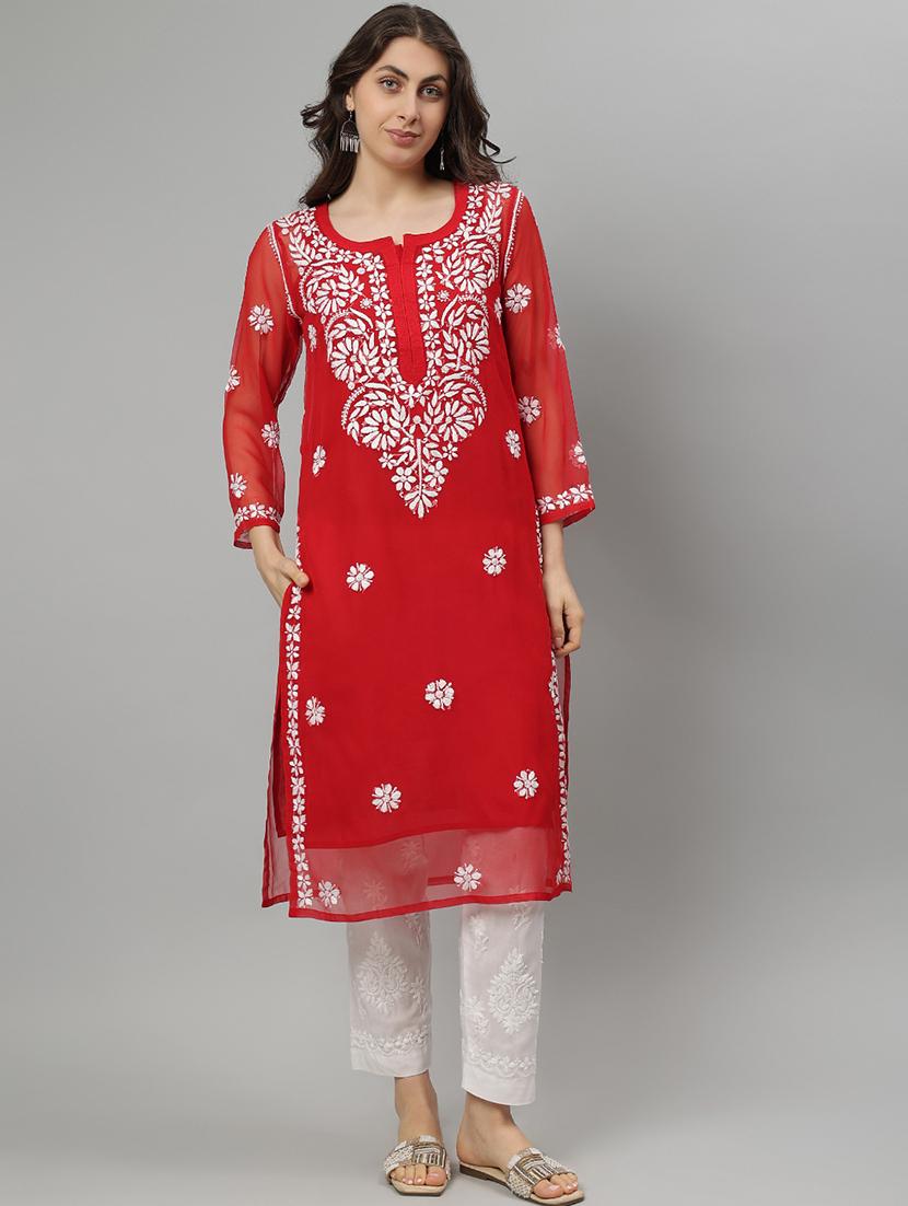 women three quarter sleeve straight chikankari kurta - 21750182 -  Zoom Image - 0