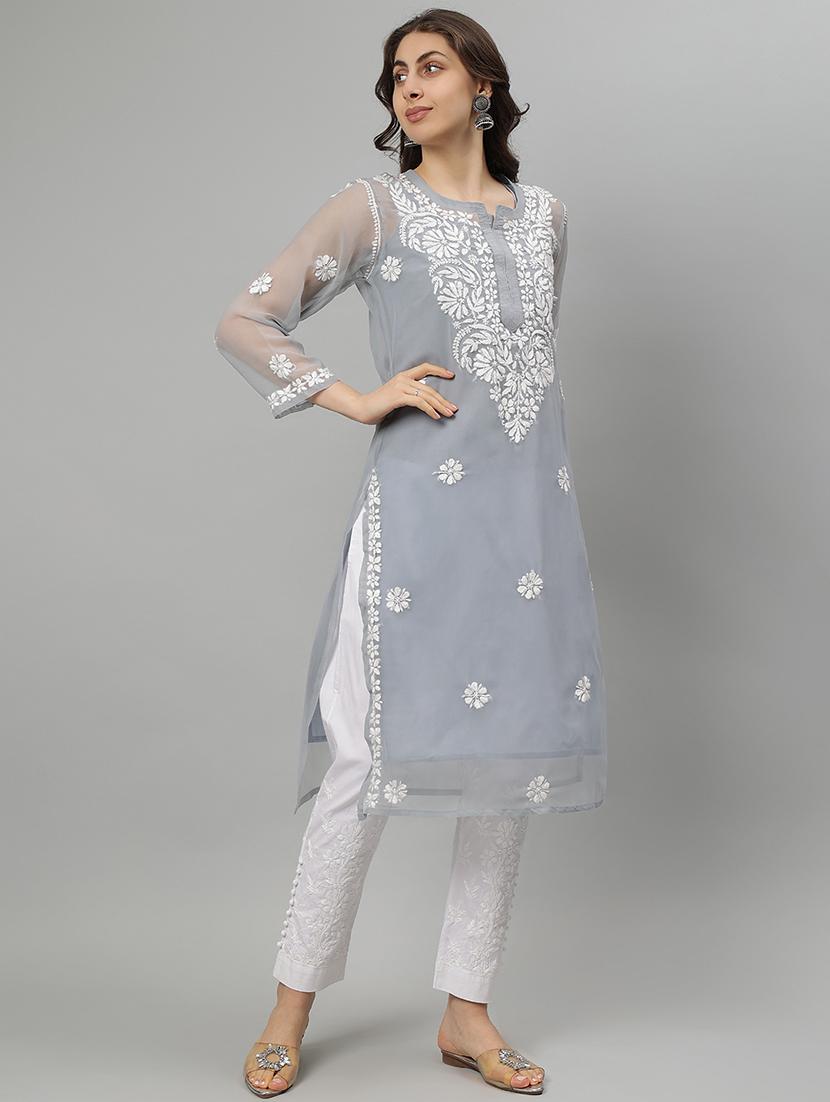 women three quarter sleeve straight chikankari kurta - 21750184 - Standard Image - 2