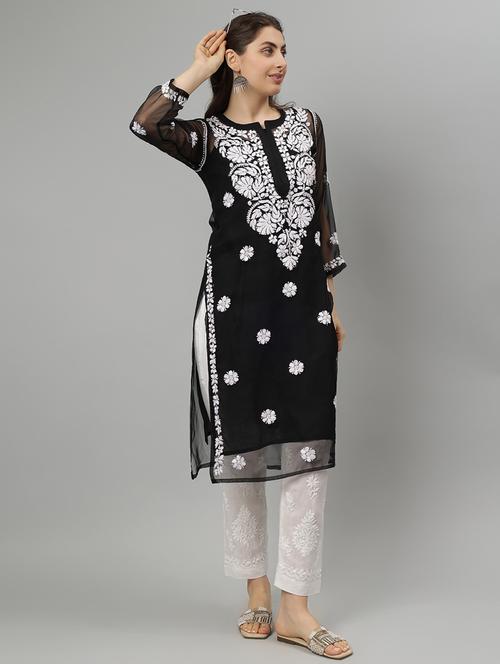 women three quarter sleeve straight chikankari kurta - 21750185 - Standard Image - 0