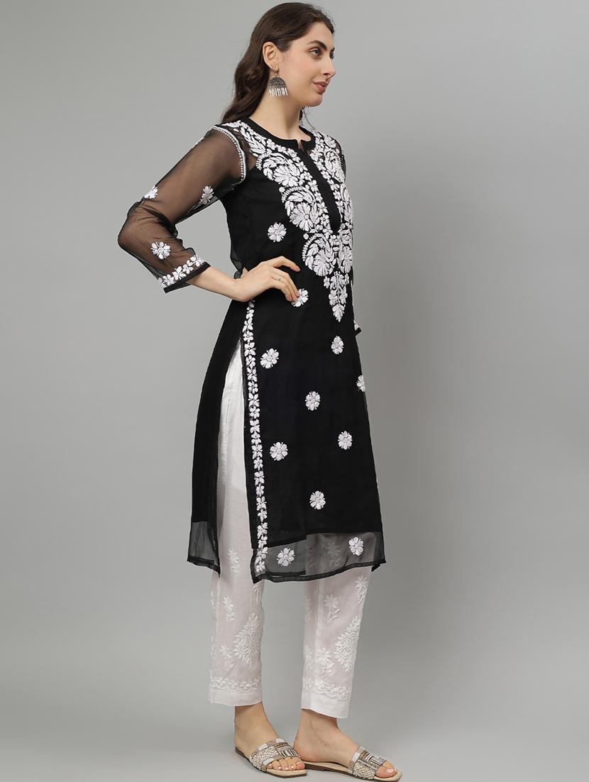 women three quarter sleeve straight chikankari kurta - 21750185 - Standard Image - 2
