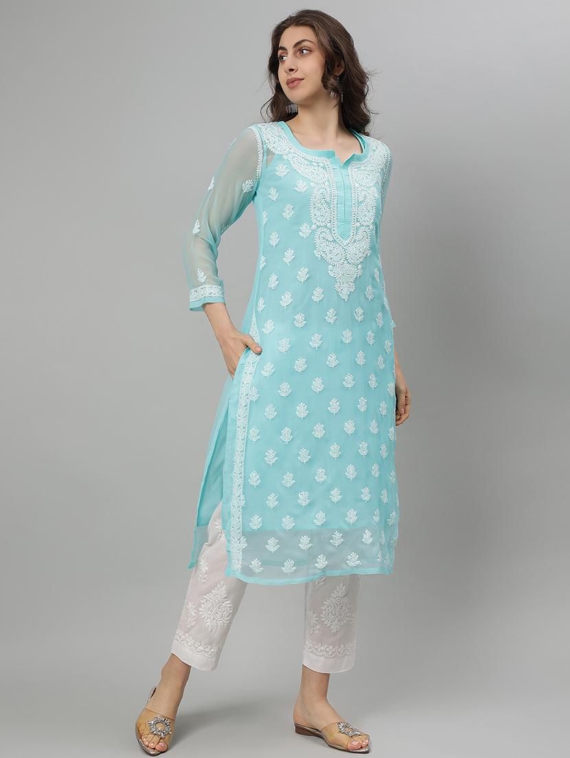 women three quarter sleeve straight chikankari kurta - 21750187 - Standard Image - 2