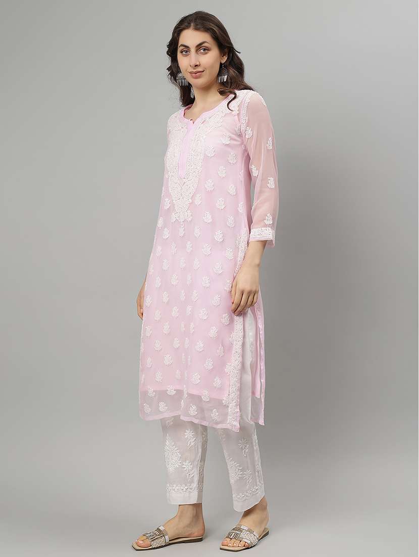 women three quarter sleeve straight chikankari kurta - 21750190 -  Standard Image - 2
