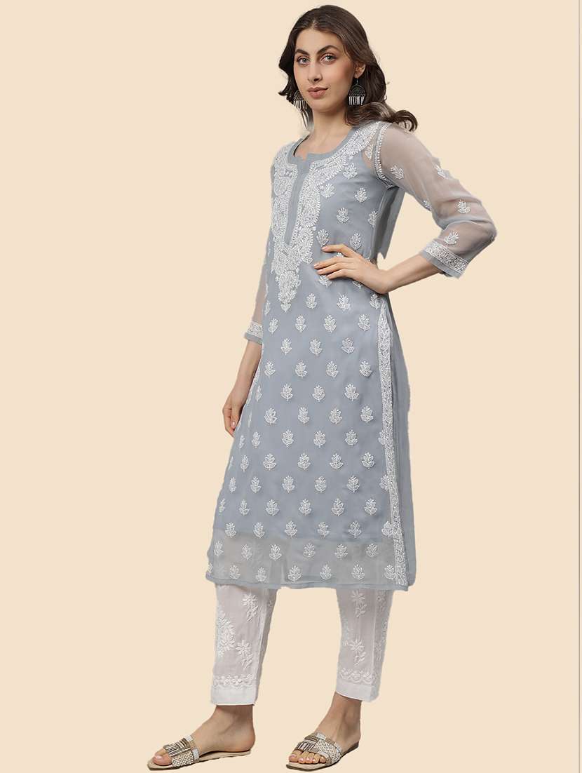 women three quarter sleeve straight chikankari kurta - 21750191 -  Standard Image - 2