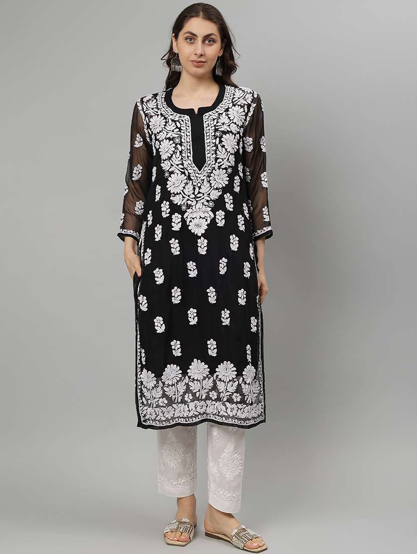 women three quarter sleeve straight chikankari kurta - 21750196 -  Zoom Image - 0