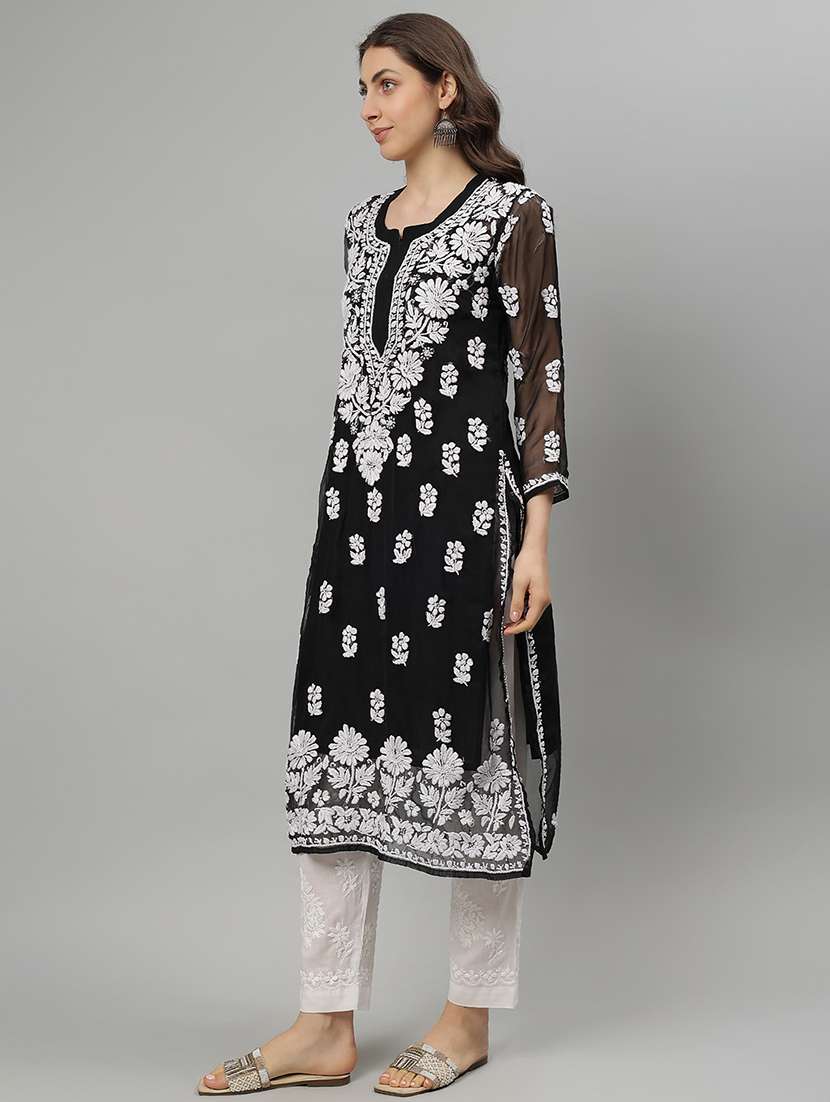 women three quarter sleeve straight chikankari kurta - 21750196 -  Standard Image - 2