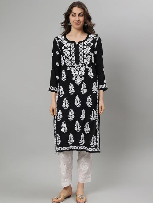 women three quarter sleeve straight chikankari kurta - 21750197 - Standard Image - 0