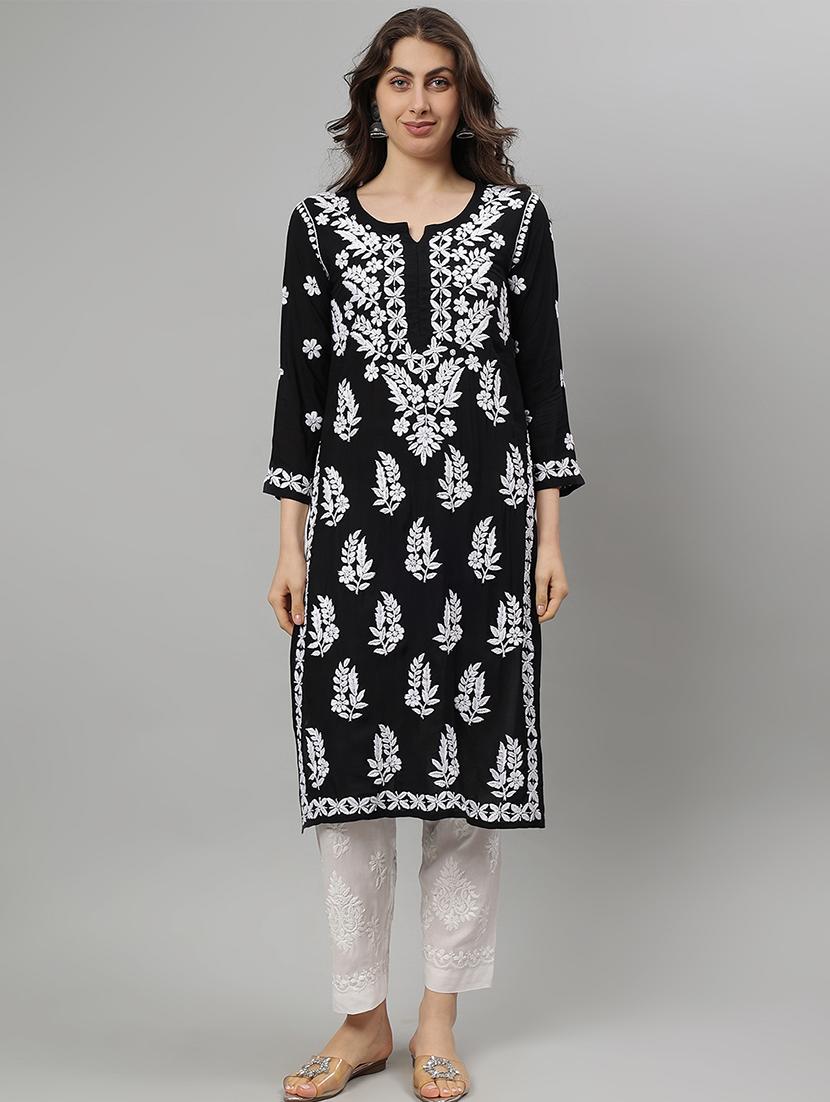 women three quarter sleeve straight chikankari kurta - 21750197 - Zoom Image - 0