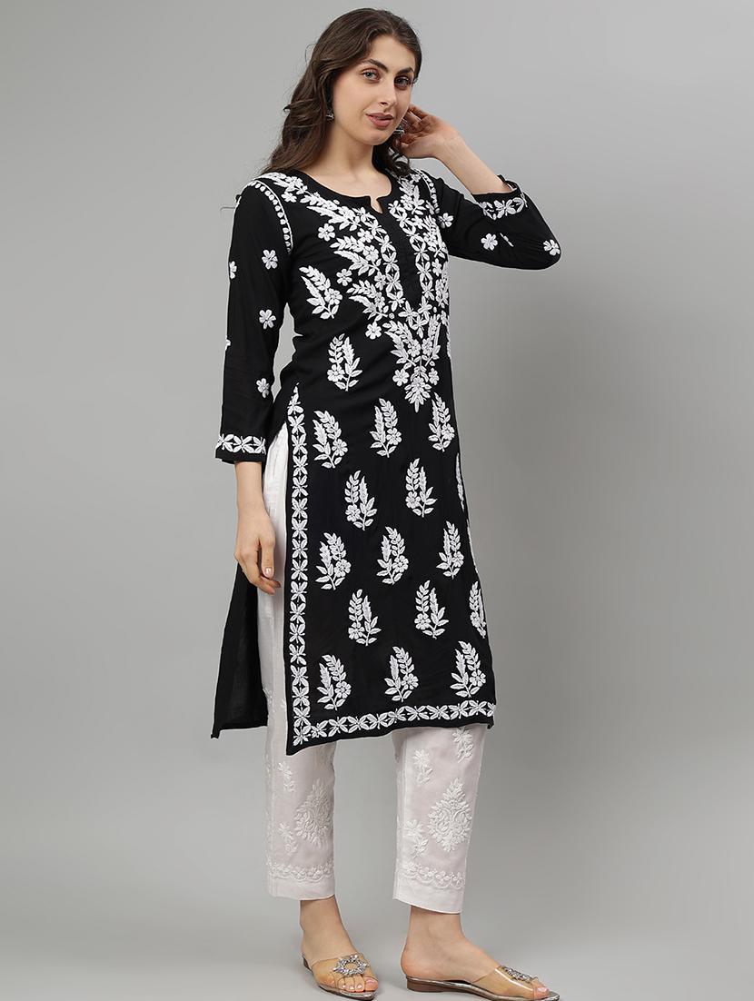 women three quarter sleeve straight chikankari kurta - 21750197 - Standard Image - 2