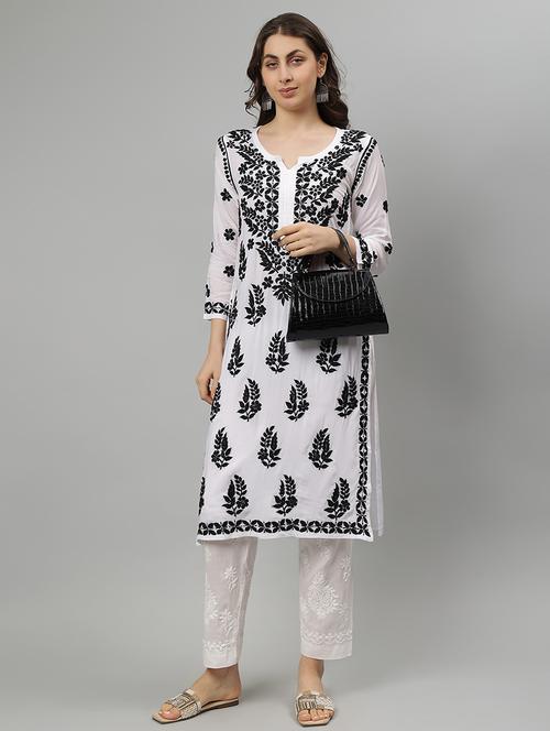 women three quarter sleeve straight chikankari kurta - 21750198 - Standard Image - 0