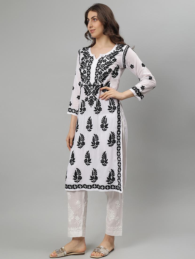 women three quarter sleeve straight chikankari kurta - 21750198 - Standard Image - 2
