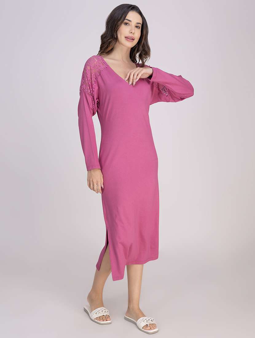women solid lace detailed long sleeves nighty - 21750207 -  Standard Image - 2