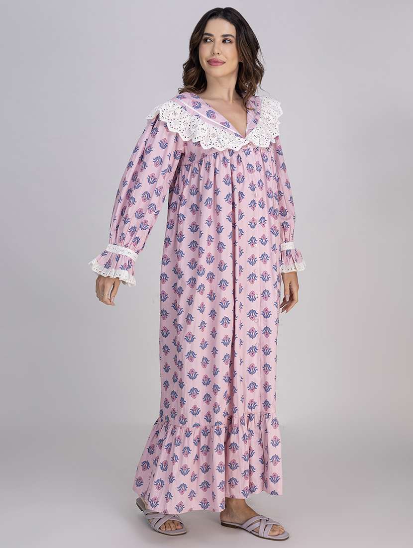 women printed lace detailed long sleeves nighty - 21750216 -  Standard Image - 2