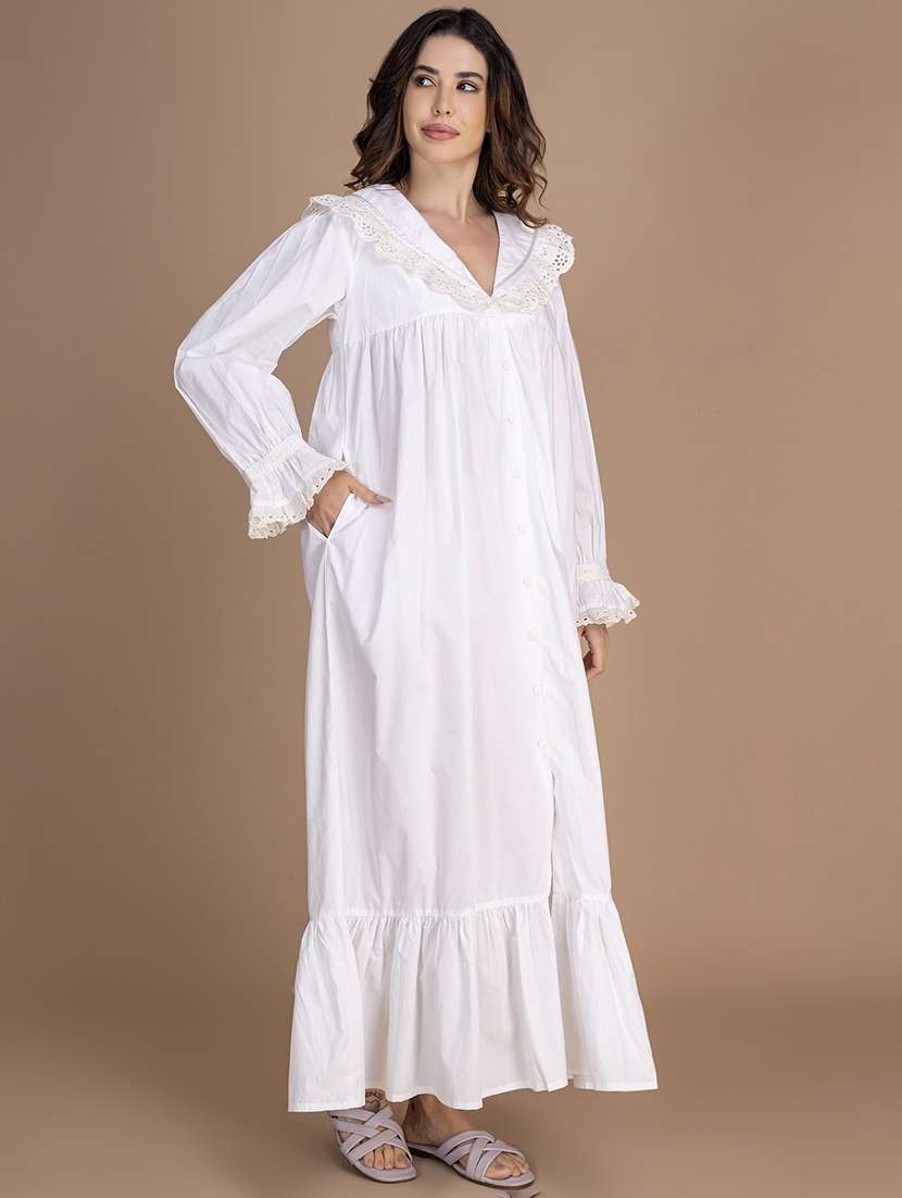 women solid lace detailed long sleeves nighty - 21750218 -  Standard Image - 2