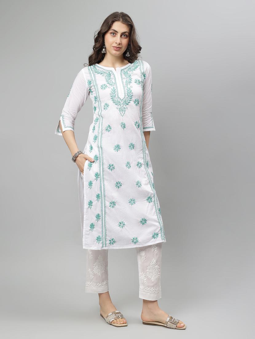 women three quarter sleeve straight chikankari kurta - 21750220 - Standard Image - 2