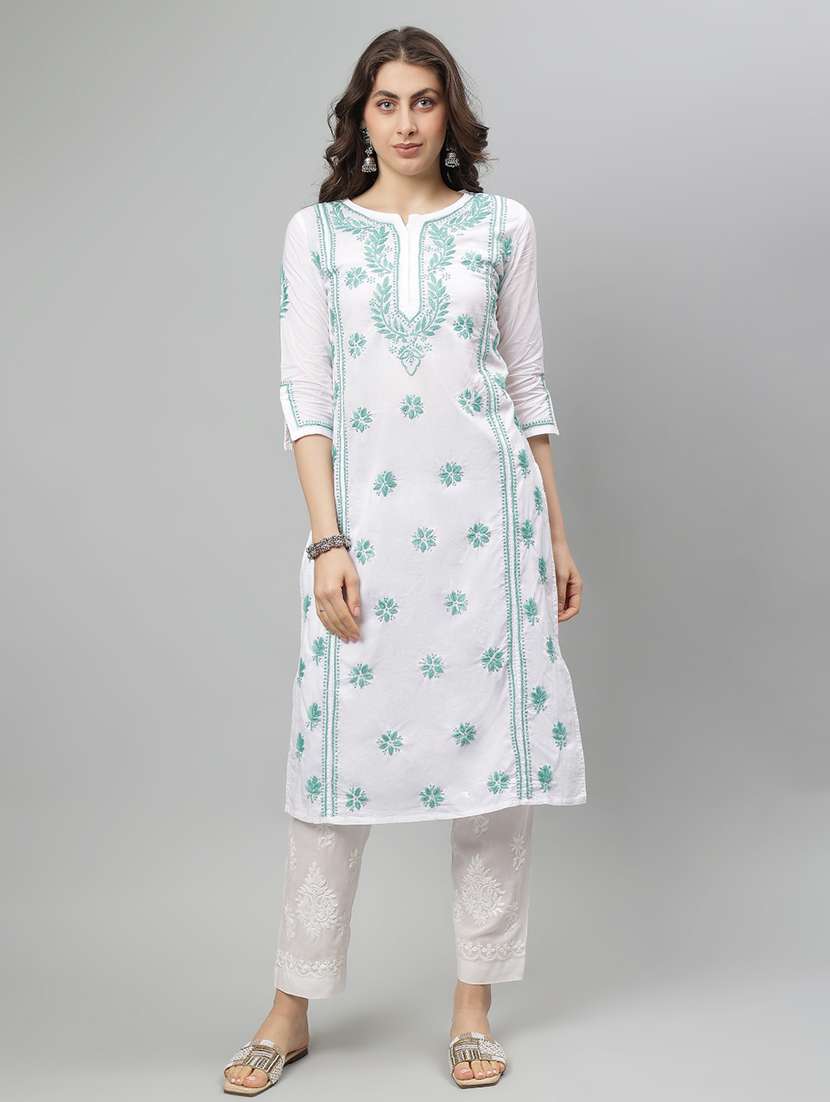 women three quarter sleeve straight chikankari kurta
