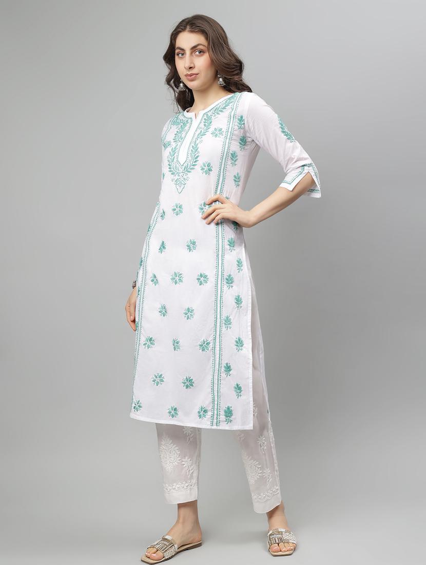 women three quarter sleeve straight chikankari kurta - 21750221 - Standard Image - 2