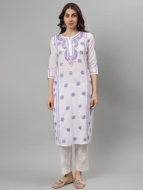 women three quarter sleeve straight chikankari kurta - 21750222 -  Standard Image - 0
