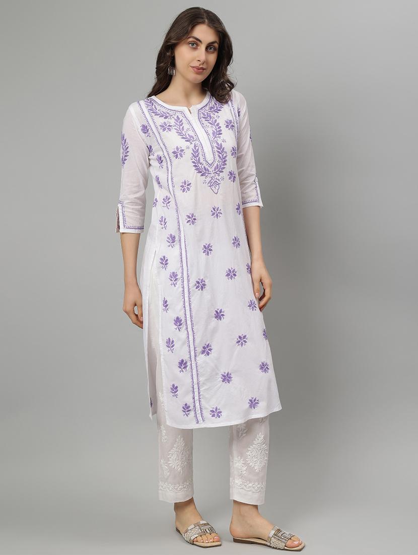 women three quarter sleeve straight chikankari kurta - 21750222 - Standard Image - 2