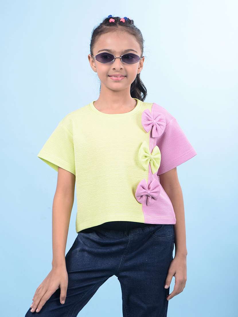girls yellow color block round neck regular tee