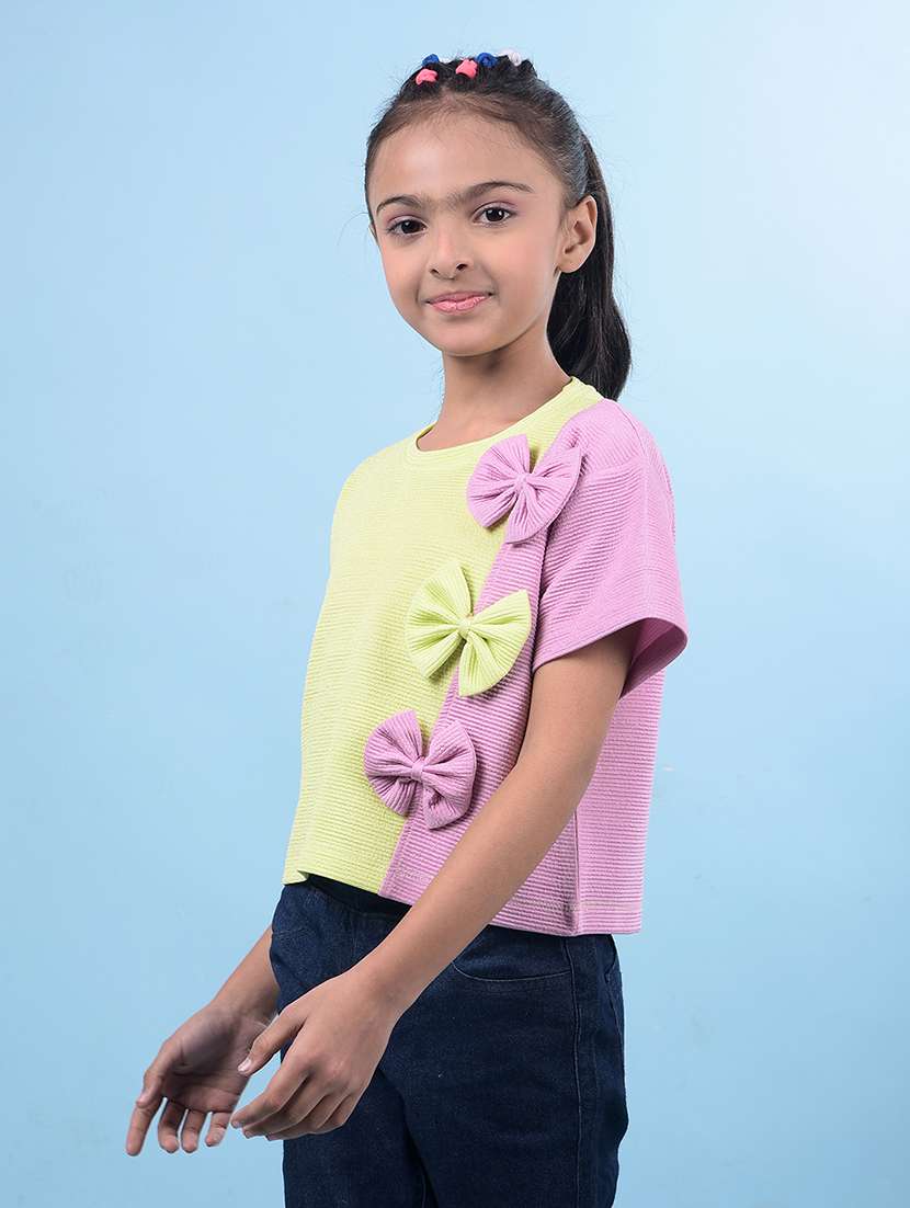 girls yellow color block round neck regular tee - 21750553 - Standard Image - 2