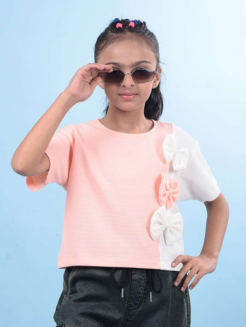 girls peach color block short sleeve regular tee - 21750554 -  Zoom Image - 0